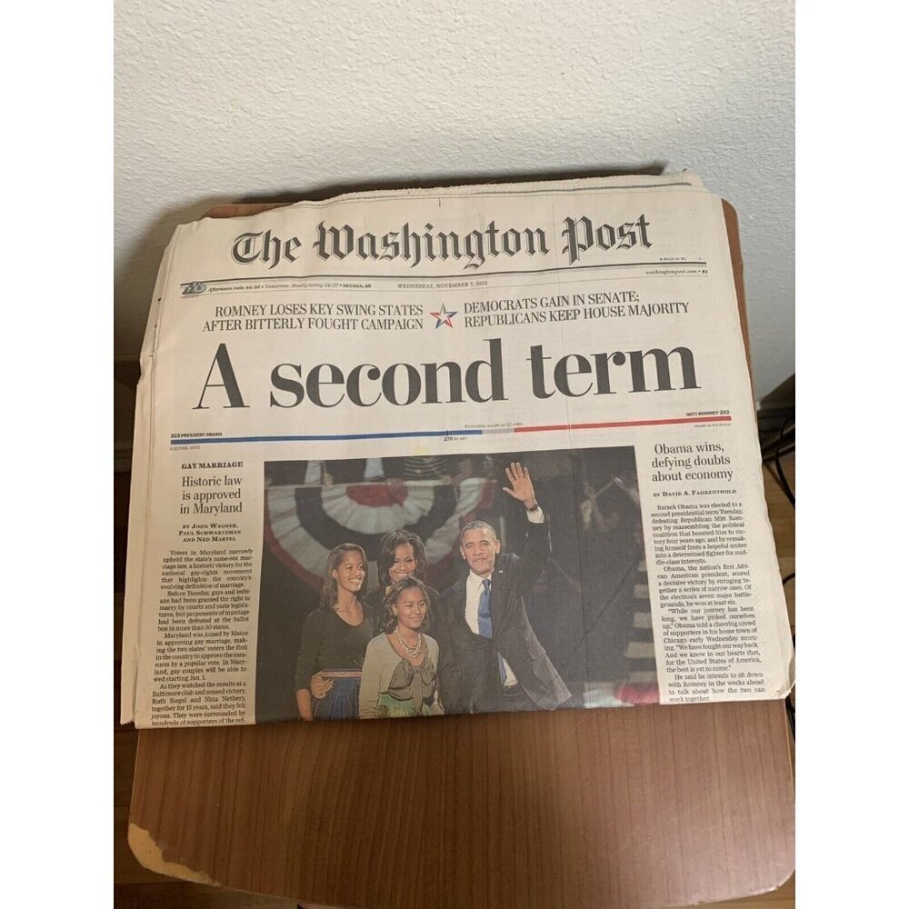 Washington Post "A second Term" Obama Election November 7, 2012 Newspaper
